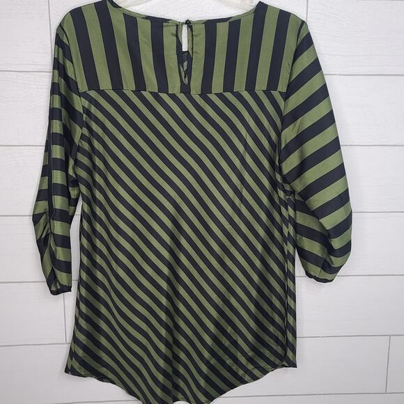 Eci Tunic Top 3/4 Sleeve Large Green Black Stripe Tunic Blouse Mod Witchy - Picture 8 of 10